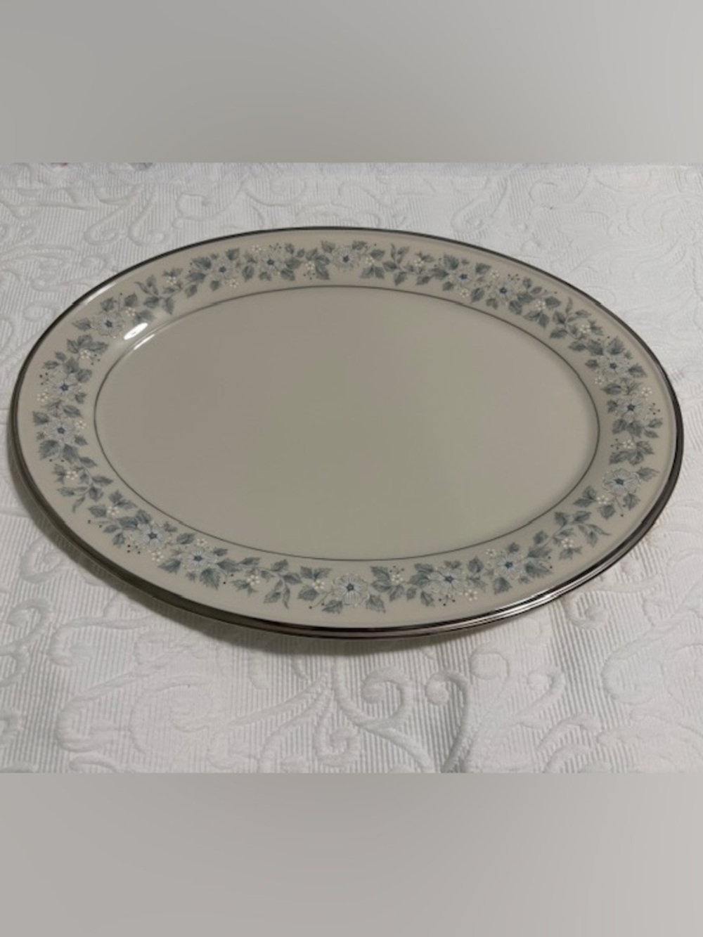 Lenox Windsong Oval Large Platter Ivory~Platinum Trim/Blue Floral